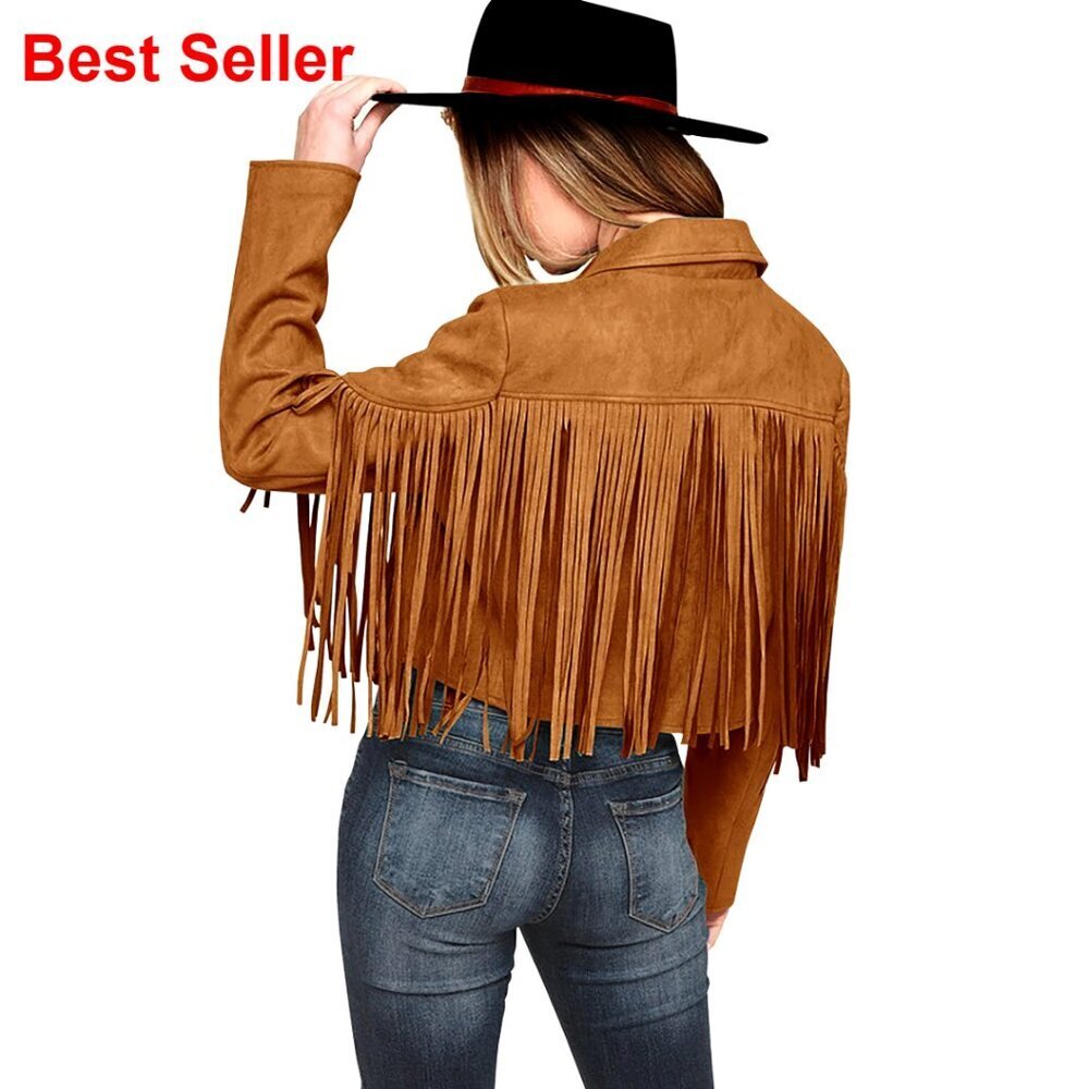 Faux Suede Fringe Cropped Jacket with Tassel Design